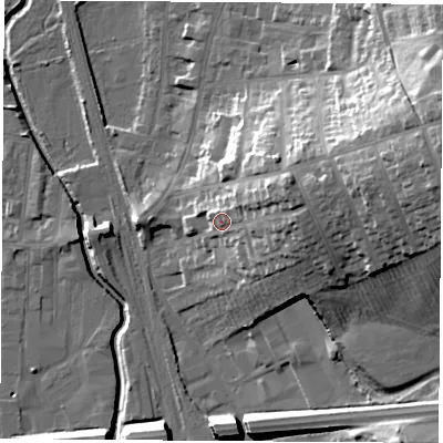 Shaded relief map of the ground around NG97BT, computed from Environment Agency LiDAR. The ground here sits at about 44 m above sea level and falls 31 m across the surrounding 800 m. Surface water reaching this point runs off ground lying to the east-north-east, 13.6 m higher.