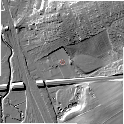 Shaded relief map of the ground around NG97BW, computed from Environment Agency LiDAR. The ground here sits at about 39 m above sea level and falls 36 m across the surrounding 800 m. Surface water reaching this point runs off ground lying to the north-east, 25.4 m higher.