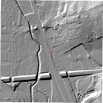 Shaded relief map of the ground around NG97BY, computed from Environment Agency LiDAR. The ground here sits at about 36 m above sea level and falls 28 m across the surrounding 800 m. Surface water reaching this point runs off ground lying to the south-south-east, 9.3 m higher.
