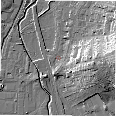 Shaded relief map of the ground around NG97DA, computed from Environment Agency LiDAR. The ground here sits at about 36 m above sea level and falls 26 m across the surrounding 800 m. Surface water reaching this point runs off ground lying to the east, 22.6 m higher.