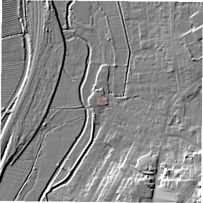 Shaded relief map of the ground around NG98BU, computed from Environment Agency LiDAR. The ground here sits at about 38 m above sea level and falls 20 m across the surrounding 800 m. Surface water reaching this point runs off ground lying to the west-north-west, 1.1 m higher.