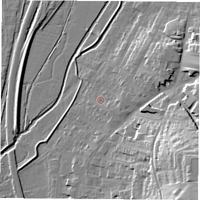 Shaded relief map of the ground around NG98ET, computed from Environment Agency LiDAR. The ground here sits at about 39 m above sea level and falls 30 m across the surrounding 800 m. Surface water reaching this point runs off ground lying to the east, 3.3 m higher.
