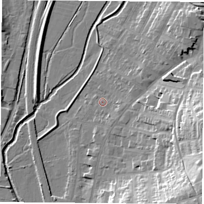 Shaded relief map of the ground around NG98EU, computed from Environment Agency LiDAR. The ground here sits at about 37 m above sea level and falls 29 m across the surrounding 800 m. Surface water reaching this point runs off ground lying to the east-south-east, 2.6 m higher.