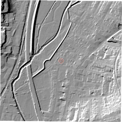 Shaded relief map of the ground around NG98EW, computed from Environment Agency LiDAR. The ground here sits at about 37 m above sea level and falls 26 m across the surrounding 800 m. Surface water reaching this point runs off ground lying to the east-south-east, 2.3 m higher.