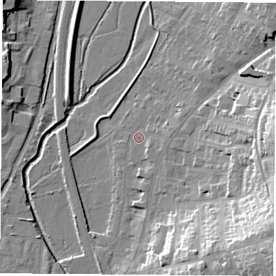 Shaded relief map of the ground around NG98EX, computed from Environment Agency LiDAR. The ground here sits at about 37 m above sea level and falls 27 m across the surrounding 800 m. Surface water reaching this point runs off ground lying to the south-east, 1.9 m higher.