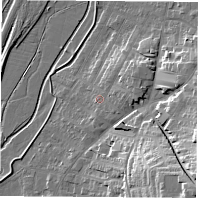 Shaded relief map of the ground around NG98EY, computed from Environment Agency LiDAR. The ground here sits at about 41 m above sea level and falls 33 m across the surrounding 800 m. Surface water reaching this point runs off ground lying to the north-east, 6.4 m higher.