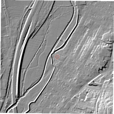 Shaded relief map of the ground around NG98FB, computed from Environment Agency LiDAR. The ground here sits at about 38 m above sea level and falls 27 m across the surrounding 800 m. Surface water reaching this point runs off ground lying to the east, 11.5 m higher.