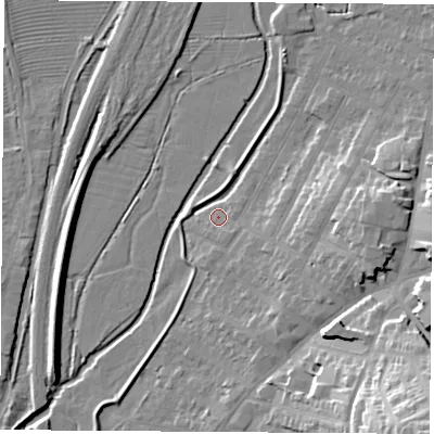 Shaded relief map of the ground around NG98FD, computed from Environment Agency LiDAR. The ground here sits at about 37 m above sea level and falls 28 m across the surrounding 800 m. Surface water reaching this point runs off ground lying to the east, 11.5 m higher.