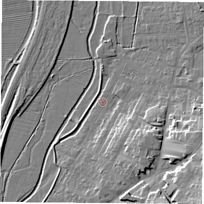 Shaded relief map of the ground around NG98FE, computed from Environment Agency LiDAR. The ground here sits at about 37 m above sea level and falls 21 m across the surrounding 800 m. Surface water reaching this point runs off ground lying to the south-east, 10.0 m higher.