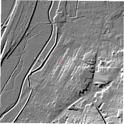 Shaded relief map of the ground around NG98FH, computed from Environment Agency LiDAR. The ground here sits at about 39 m above sea level and falls 28 m across the surrounding 800 m. Surface water reaching this point runs off ground lying to the east-south-east, 5.1 m higher.