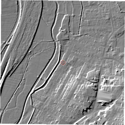 Shaded relief map of the ground around NG98FP, computed from Environment Agency LiDAR. The ground here sits at about 37 m above sea level and falls 22 m across the surrounding 800 m. Surface water reaching this point runs off ground lying to the south-east, 9.7 m higher.