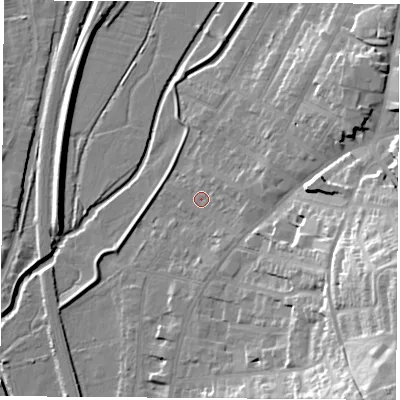 Shaded relief map of the ground around NG98FR, computed from Environment Agency LiDAR. The ground here sits at about 37 m above sea level and falls 30 m across the surrounding 800 m. Surface water reaching this point runs off ground lying to the east-south-east, 24.5 m higher.