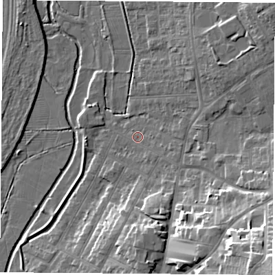 Shaded relief map of the ground around NG98GD, computed from Environment Agency LiDAR. The ground here sits at about 38 m above sea level and falls 26 m across the surrounding 800 m. Surface water reaching this point runs off ground lying to the south-east, 1.7 m higher.