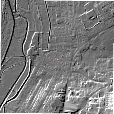 Shaded relief map of the ground around NG98GE, computed from Environment Agency LiDAR. The ground here sits at about 38 m above sea level and falls 28 m across the surrounding 800 m. Surface water reaching this point runs off ground lying to the south-east, 22.1 m higher.