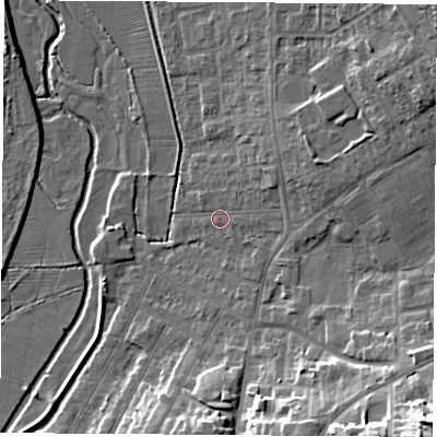 Shaded relief map of the ground around NG98GH, computed from Environment Agency LiDAR. The ground here sits at about 38 m above sea level and falls 24 m across the surrounding 800 m. Surface water reaching this point runs off ground lying to the north-east, 3.0 m higher.