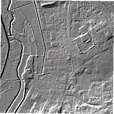 Shaded relief map of the ground around NG98GJ, computed from Environment Agency LiDAR. The ground here sits at about 39 m above sea level and falls 16 m across the surrounding 800 m. Surface water reaching this point runs off ground lying to the east-north-east, 2.5 m higher.