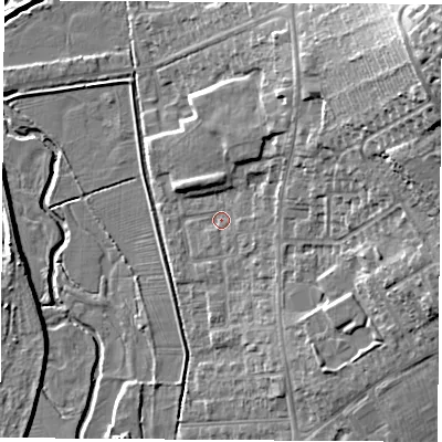 Shaded relief map of the ground around NG98GN, computed from Environment Agency LiDAR. The ground here sits at about 39 m above sea level and falls 26 m across the surrounding 800 m. Surface water reaching this point runs off ground lying to the east, 1.8 m higher.