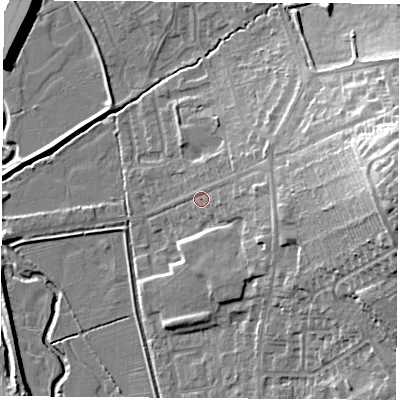 Shaded relief map of the ground around NG98GR, computed from Environment Agency LiDAR. The ground here sits at about 41 m above sea level and falls 25 m across the surrounding 800 m. Surface water reaching this point runs off ground lying to the east, 20.2 m higher.