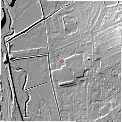 Shaded relief map of the ground around NG98GS, computed from Environment Agency LiDAR. The ground here sits at about 39 m above sea level and falls 21 m across the surrounding 800 m. Surface water reaching this point runs off ground lying to the east-north-east, 8.0 m higher.