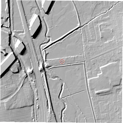 Shaded relief map of the ground around NG98GT, computed from Environment Agency LiDAR. The ground here sits at about 38 m above sea level and falls 14 m across the surrounding 800 m. Surface water reaching this point runs off ground lying to the east-north-east, 6.6 m higher.