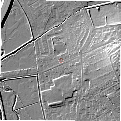 Shaded relief map of the ground around NG98GU, computed from Environment Agency LiDAR. The ground here sits at about 41 m above sea level and falls 25 m across the surrounding 800 m. Surface water reaching this point runs off ground lying to the east, 20.3 m higher.