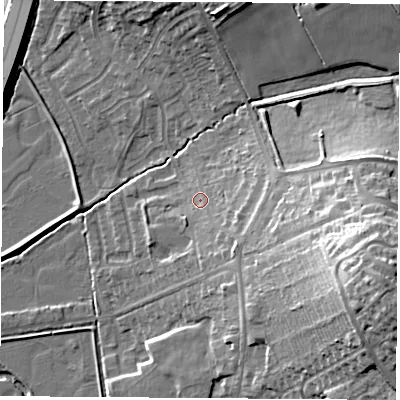 Shaded relief map of the ground around NG98GW, computed from Environment Agency LiDAR. The ground here sits at about 42 m above sea level and falls 25 m across the surrounding 800 m. Surface water reaching this point runs off ground lying to the south-east, 3.3 m higher.
