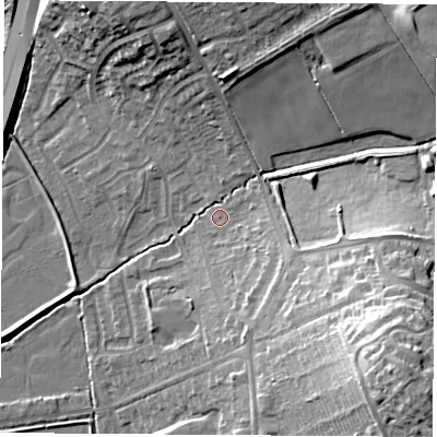 Shaded relief map of the ground around NG98GX, computed from Environment Agency LiDAR. The ground here sits at about 41 m above sea level and falls 24 m across the surrounding 800 m. Surface water reaching this point runs off ground lying to the south-east, 18.8 m higher.
