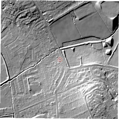 Shaded relief map of the ground around NG98HB, computed from Environment Agency LiDAR. The ground here sits at about 43 m above sea level and falls 24 m across the surrounding 800 m. Surface water reaching this point runs off ground lying to the south-east, 16.3 m higher.