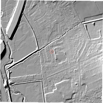 Shaded relief map of the ground around NG98HE, computed from Environment Agency LiDAR. The ground here sits at about 40 m above sea level and falls 20 m across the surrounding 800 m. Surface water reaching this point runs off ground lying to the east, 4.3 m higher.