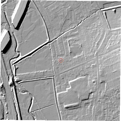 Shaded relief map of the ground around NG98HF, computed from Environment Agency LiDAR. The ground here sits at about 39 m above sea level and falls 17 m across the surrounding 800 m. Surface water reaching this point runs off ground lying to the east, 7.1 m higher.