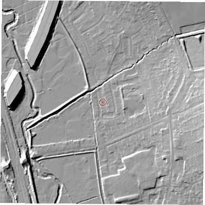Shaded relief map of the ground around NG98HG, computed from Environment Agency LiDAR. The ground here sits at about 39 m above sea level and falls 16 m across the surrounding 800 m. Surface water reaching this point runs off ground lying to the north-north-east, 1.3 m higher.