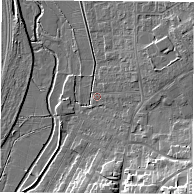 Shaded relief map of the ground around NG98HQ, computed from Environment Agency LiDAR. The ground here sits at about 38 m above sea level and falls 20 m across the surrounding 800 m. Surface water reaching this point runs off ground lying to the east-north-east, 4.3 m higher.