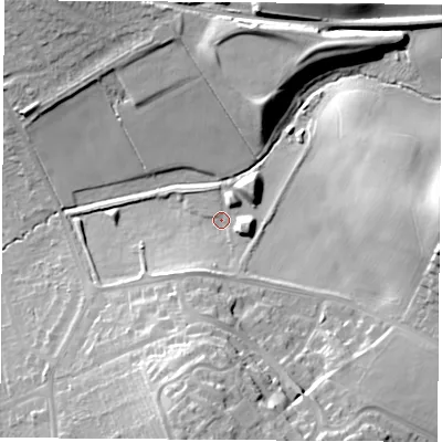 Shaded relief map of the ground around NG98JP, computed from Environment Agency LiDAR. The ground here sits at about 44 m above sea level and falls 26 m across the surrounding 800 m. Surface water reaching this point runs off ground lying to the south-south-west, 6.2 m higher.