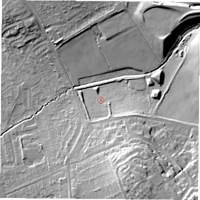 Shaded relief map of the ground around NG98JQ, computed from Environment Agency LiDAR. The ground here sits at about 44 m above sea level and falls 24 m across the surrounding 800 m. Surface water reaching this point runs off ground lying to the south-east, 3.6 m higher.