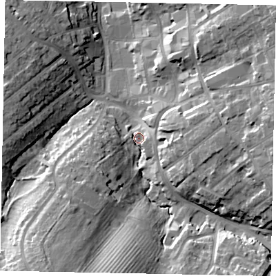 Shaded relief map of the ground around NN100UF, computed from Environment Agency LiDAR. The ground here sits at about 57 m above sea level and falls 25 m across the surrounding 800 m. Surface water reaching this point runs off ground lying to the south-south-west, 22.2 m higher.