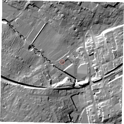 Shaded relief map of the ground around NN106AA, computed from Environment Agency LiDAR. The ground here sits at about 50 m above sea level and falls 26 m across the surrounding 800 m. Surface water reaching this point runs off ground lying to the east-south-east, 18.5 m higher.
