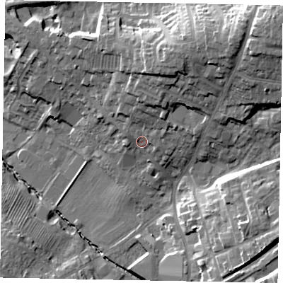 Shaded relief map of the ground around NN106AG, computed from Environment Agency LiDAR. The ground here sits at about 57 m above sea level and falls 30 m across the surrounding 800 m. Surface water reaching this point runs off ground lying to the north-north-east, 8.6 m higher.
