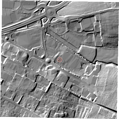 Shaded relief map of the ground around NN106AX, computed from Environment Agency LiDAR. The ground here sits at about 43 m above sea level and falls 24 m across the surrounding 800 m. Surface water reaching this point runs off ground lying to the south-south-east, 4.1 m higher.
