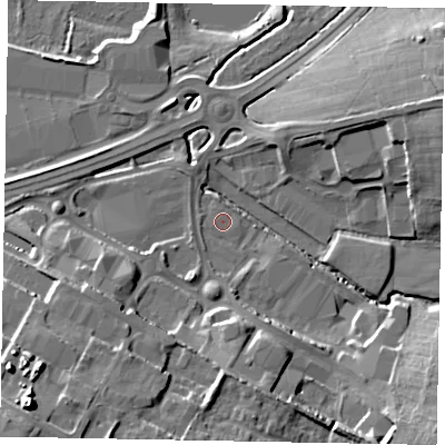 Shaded relief map of the ground around NN106BT, computed from Environment Agency LiDAR. The ground here sits at about 42 m above sea level and falls 26 m across the surrounding 800 m. Surface water reaching this point runs off ground lying to the south-west, 18.1 m higher.