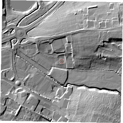 Shaded relief map of the ground around NN106EN, computed from Environment Agency LiDAR. The ground here sits at about 43 m above sea level and falls 20 m across the surrounding 800 m. Surface water reaching this point runs off ground lying to the east-north-east, 11.1 m higher.