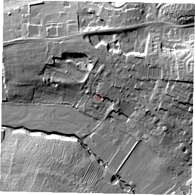 Shaded relief map of the ground around NN106EW, computed from Environment Agency LiDAR. The ground here sits at about 50 m above sea level and falls 27 m across the surrounding 800 m. Surface water reaching this point runs off ground lying to the north-north-east, 10.2 m higher.