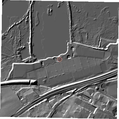 Shaded relief map of the ground around NN106FA, computed from Environment Agency LiDAR. The ground here sits at about 40 m above sea level and falls 16 m across the surrounding 800 m. Surface water reaching this point runs off ground lying to the south-south-west, 8.1 m higher.