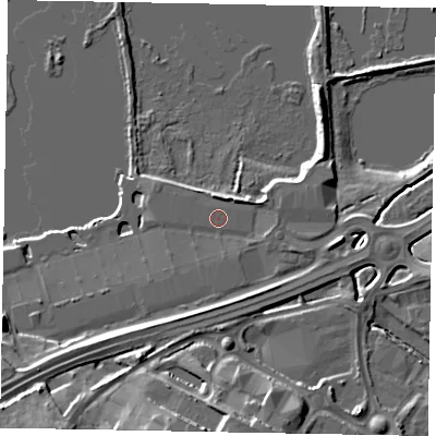 Shaded relief map of the ground around NN106FG, computed from Environment Agency LiDAR. The ground here sits at about 41 m above sea level and falls 15 m across the surrounding 800 m. Surface water reaching this point runs off ground lying to the south-south-west, 3.9 m higher.