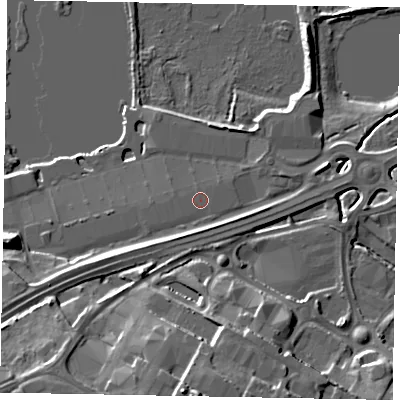 Shaded relief map of the ground around NN106FH, computed from Environment Agency LiDAR. The ground here sits at about 42 m above sea level and falls 20 m across the surrounding 800 m. The ground contributing surface water to this point lies to the south-east.