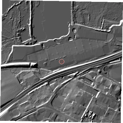 Shaded relief map of the ground around NN106FS, computed from Environment Agency LiDAR. The ground here sits at about 41 m above sea level and falls 22 m across the surrounding 800 m. Surface water reaching this point runs off ground lying to the south-west, 5.2 m higher.