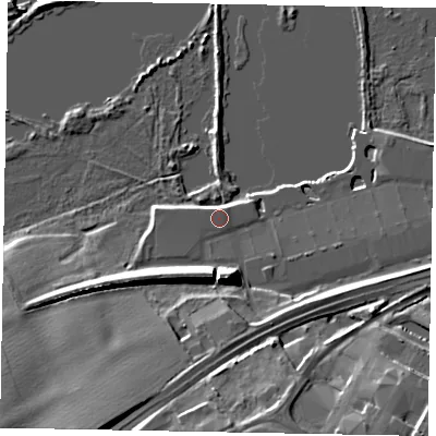 Shaded relief map of the ground around NN106FT, computed from Environment Agency LiDAR. The ground here sits at about 41 m above sea level and falls 19 m across the surrounding 800 m. Surface water reaching this point runs off ground lying to the north, 2.8 m higher.