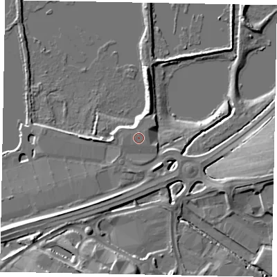 Shaded relief map of the ground around NN106FW, computed from Environment Agency LiDAR. The ground here sits at about 42 m above sea level and falls 14 m across the surrounding 800 m. The ground contributing surface water to this point lies to the west.