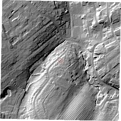 Shaded relief map of the ground around NN109EP, computed from Environment Agency LiDAR. The ground here sits at about 63 m above sea level and falls 25 m across the surrounding 800 m. Surface water reaching this point runs off ground lying to the south-south-west, 15.5 m higher.