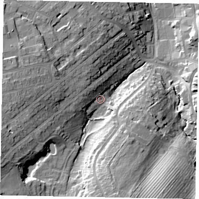 Shaded relief map of the ground around NN109ER, computed from Environment Agency LiDAR. The ground here sits at about 62 m above sea level and falls 28 m across the surrounding 800 m. Surface water reaching this point runs off ground lying to the west-south-west, 19.3 m higher.