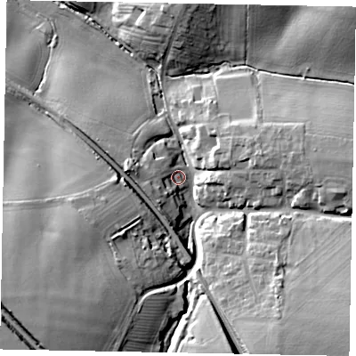 Shaded relief map of the ground around NN109LN, computed from Environment Agency LiDAR. The ground here sits at about 69 m above sea level and falls 21 m across the surrounding 800 m. Surface water reaching this point runs off ground lying to the west-south-west, 7.6 m higher.
